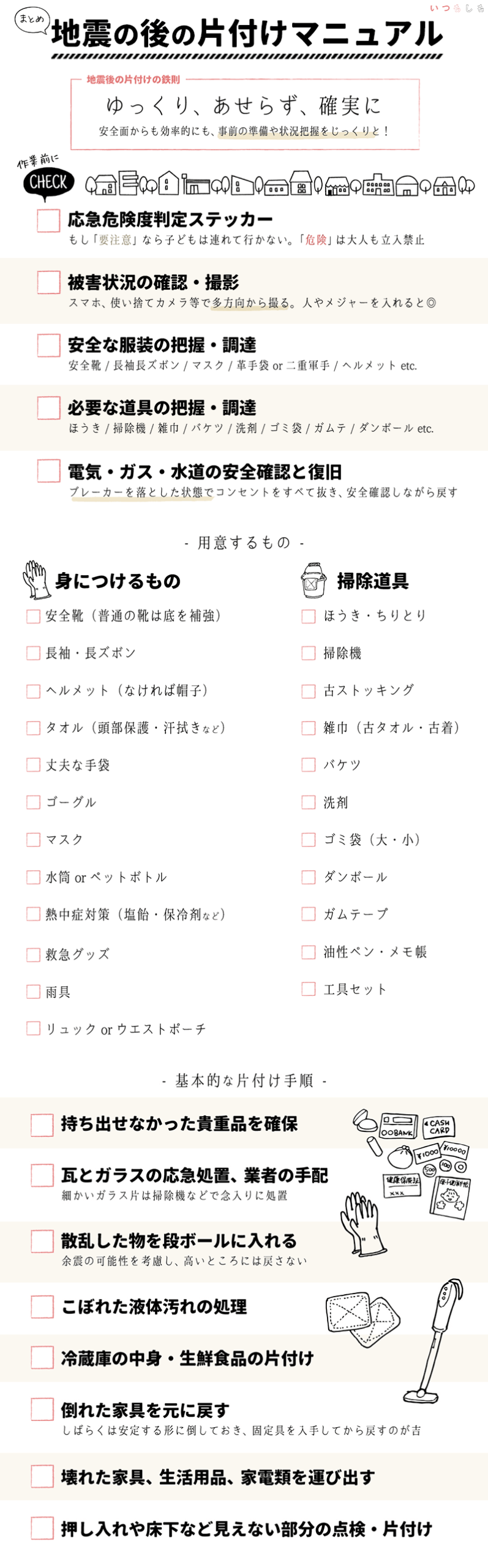 地震被災後の片付けマニュアル 鉄則は 焦るべからず 十分な安全対策を いつもしも