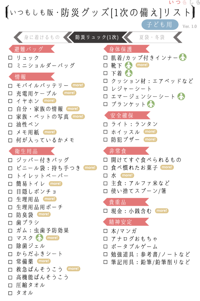 子ども1次の備えリスト_防災リュック