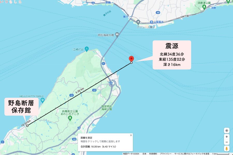 兵庫県南部地震の震源と野島断層保存館までの距離