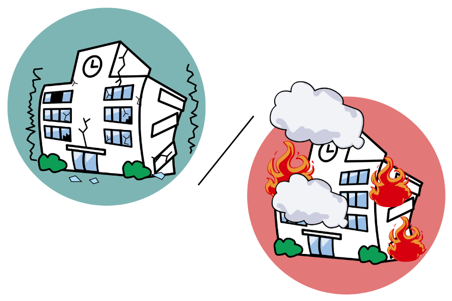 地震と火事に襲われる学校のイラスト