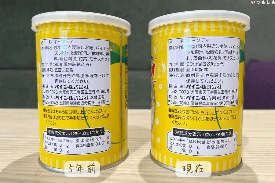 新旧パインアメ缶1粒の差