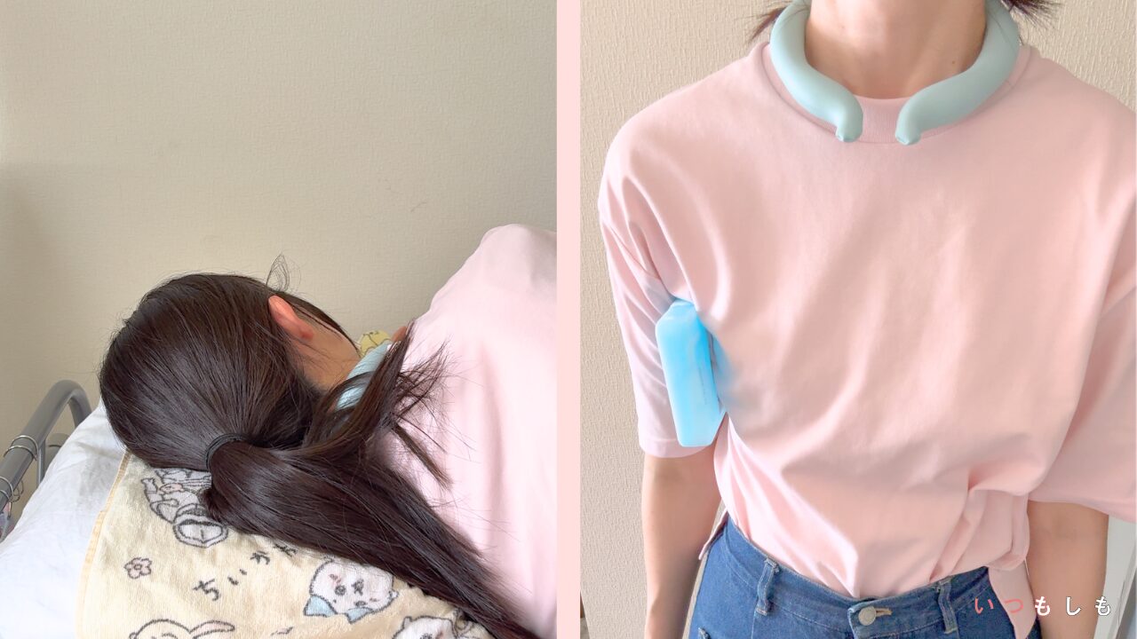 ベッドで横になっている女性の後ろ姿と熱中症対策をしている女性の上半身